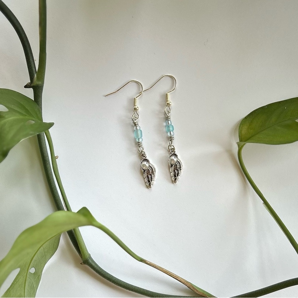 Handmade Silver and Blue Beaded Seashell Earrings